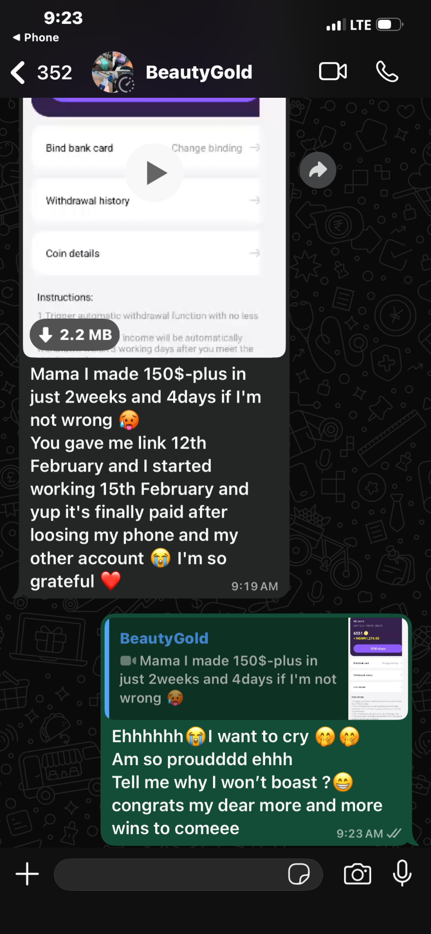 Student BeautyGold telling Deborah she made $150+ in 2 weeks and 4 days after starting on 15 February.