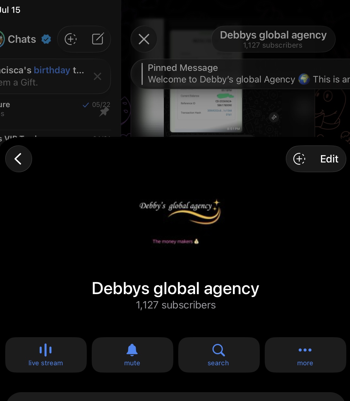 Debbys Global Agency Telegram channel with 1,127 subscribers and the gold script agency logo.