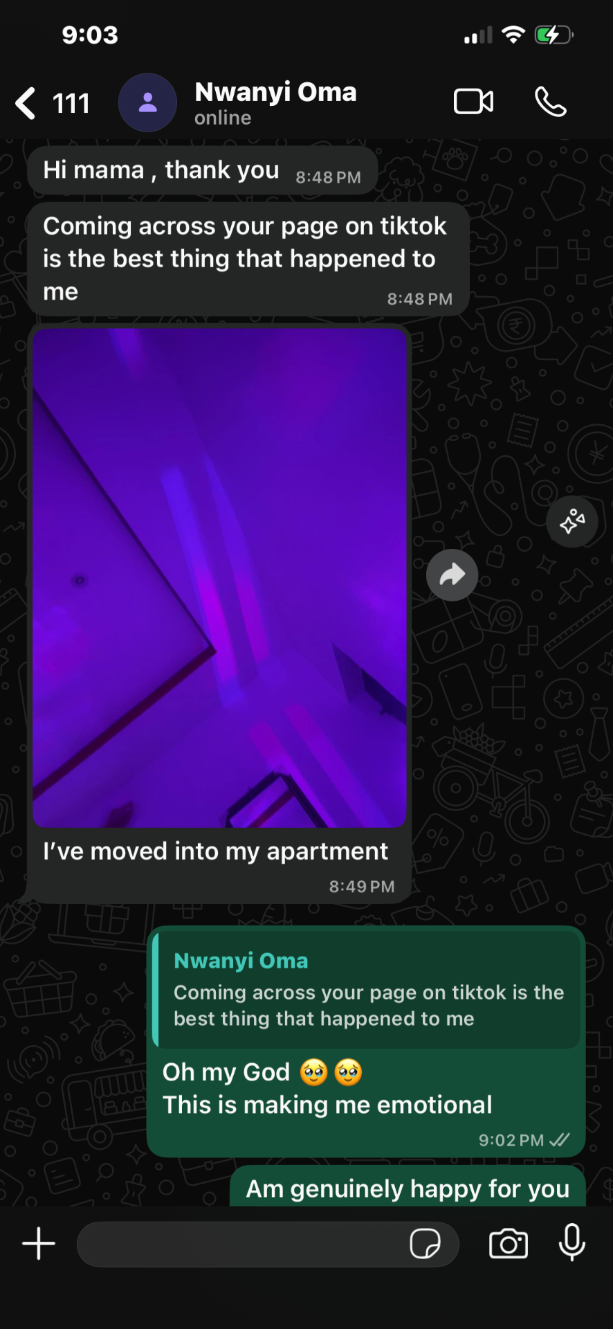 Student Nwanyi Oma messaging that finding the page on TikTok helped her move into her own apartment.
